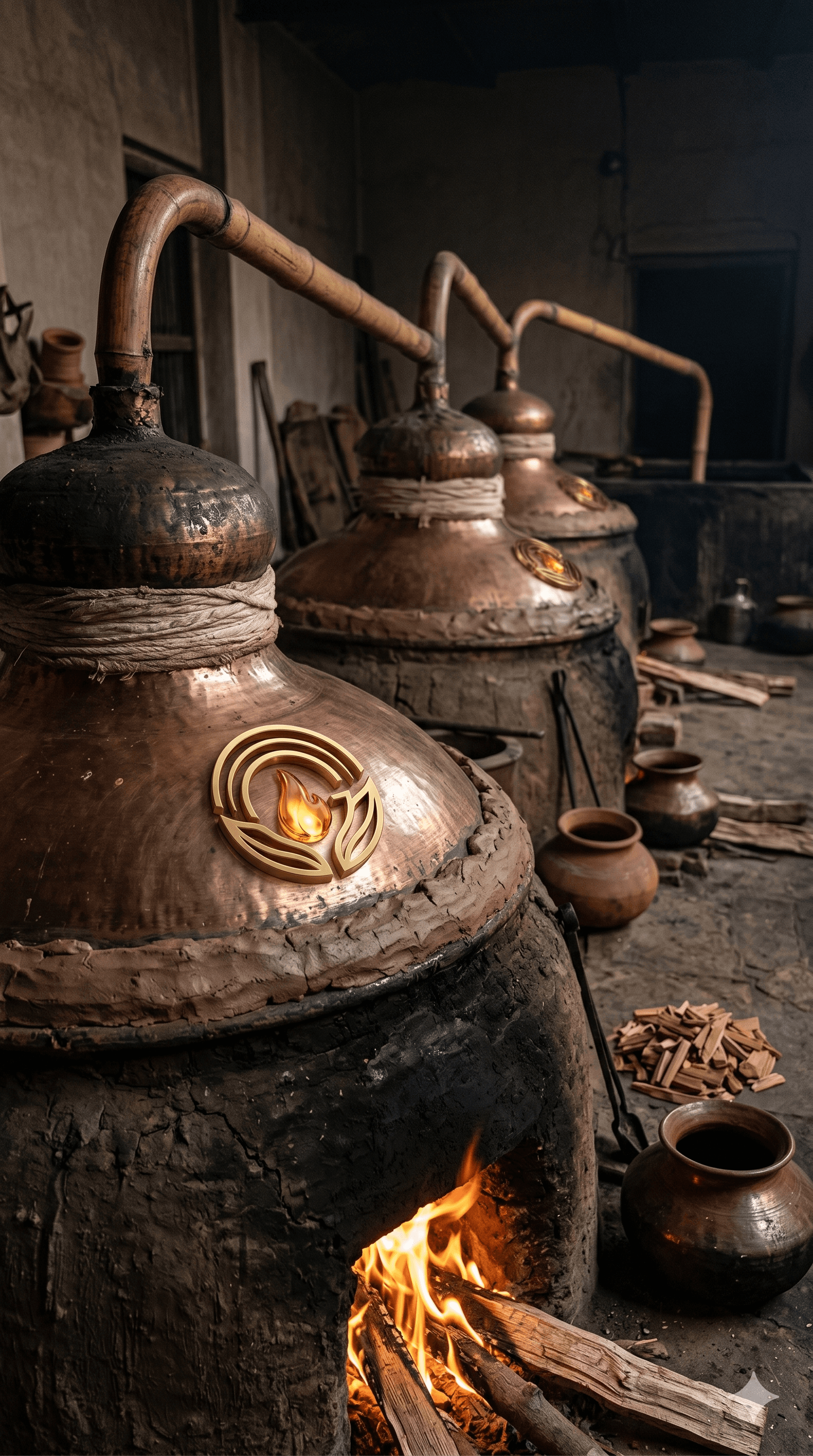Copper Deg stills over wood fire in a Kannauj distillery — the same method used for four hundred years